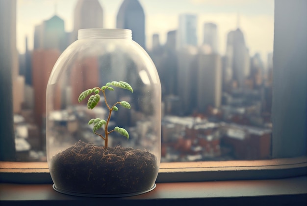 A plant growing in mini greenhouse on a windowsill with a view o