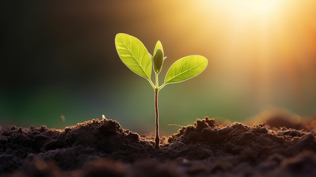 A plant growing out of ground with sunlight background