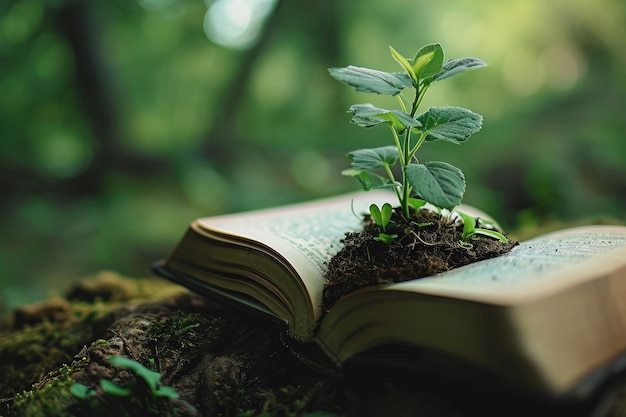 A plant growing out of an open book symbolizing growth in knowledge AI generated