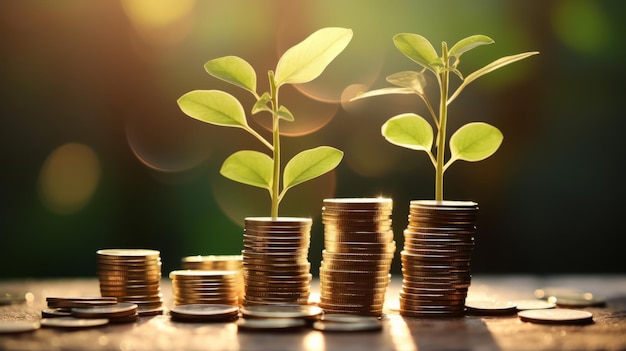 A plant growing out of a pile of coins