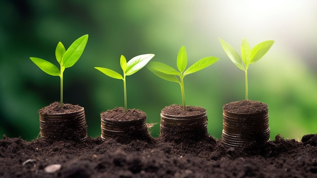 A plant growing out of a pile of coins