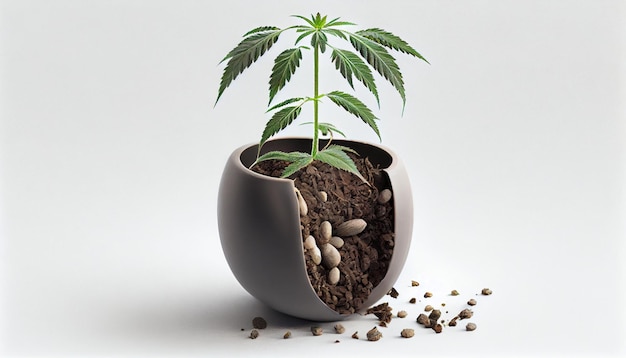 大麻という言葉が入った鉢から生えている植物