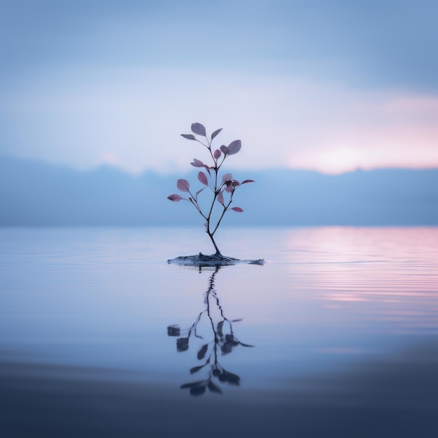 a plant growing out of the water in the middle of a lake