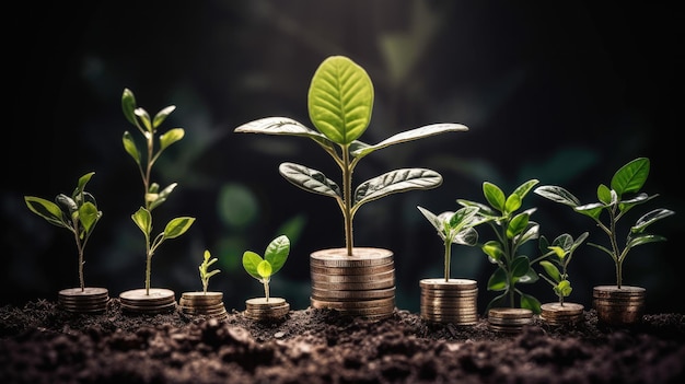 A plant growing on a pile of coins with the word money on it.