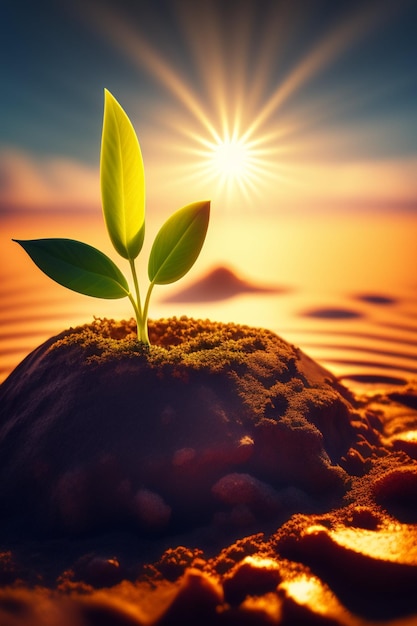 A plant growing on a rock in the desert