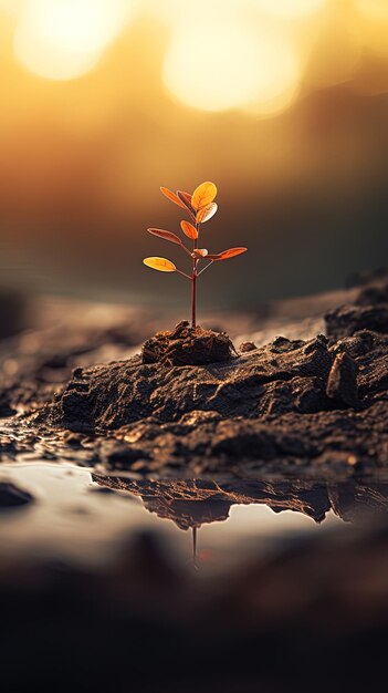 a plant growing on a rock with the sun behind it