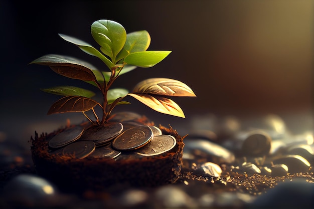 Plant Growing In Savings Coins Generative AI