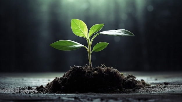 a plant growing in the soil of a dark background