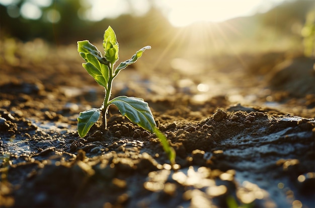 Photo a plant growing in the soil of a field with the sun shining through the leaves