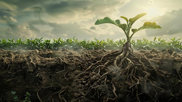 a plant growing in the soil of a field