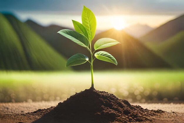 A plant growing in the soil in front of a sunset background