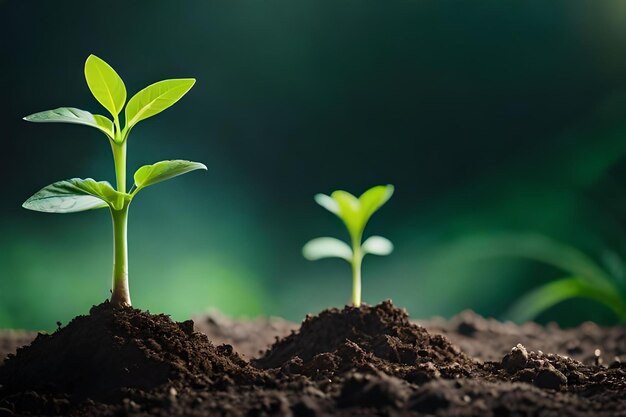 A plant growing in a soil with the background of the green light