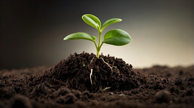 a plant growing in the soil with a blurry background