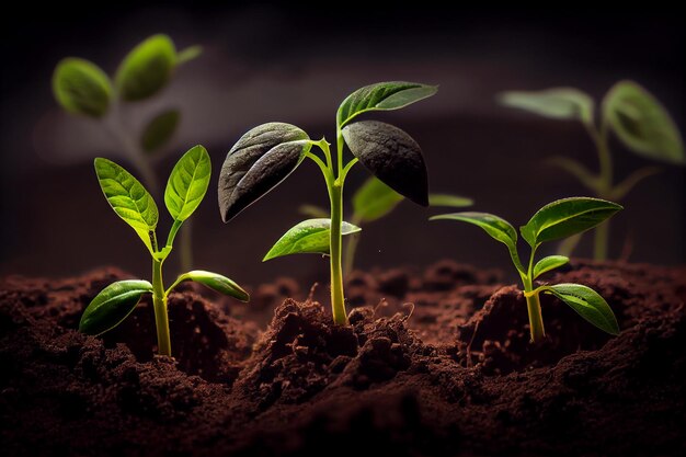 A plant growing in the soil with a dark background.