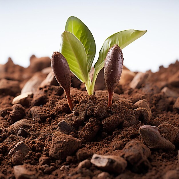 a plant growing in the soil with a few leaves