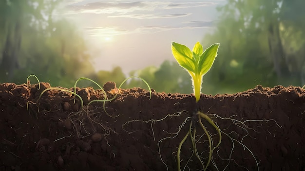 a plant growing in the soil with the sun behind it