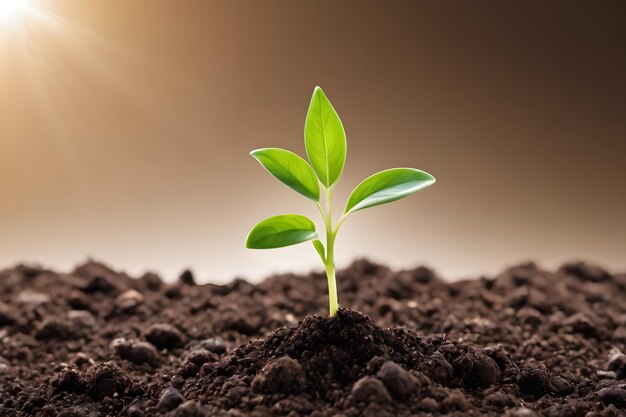 a plant growing in the soil with the sun behind it