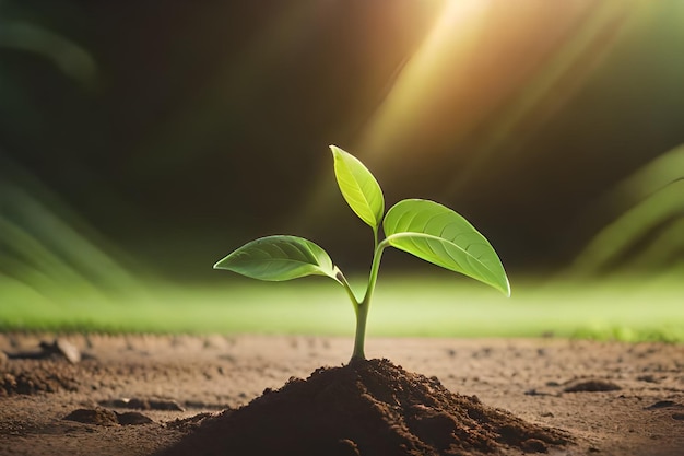 a plant growing in the soil with the sun behind it.