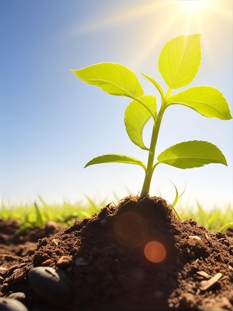 a plant growing in the soil with the sun behind it