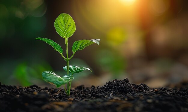 太陽が背後に輝く土で成長する植物