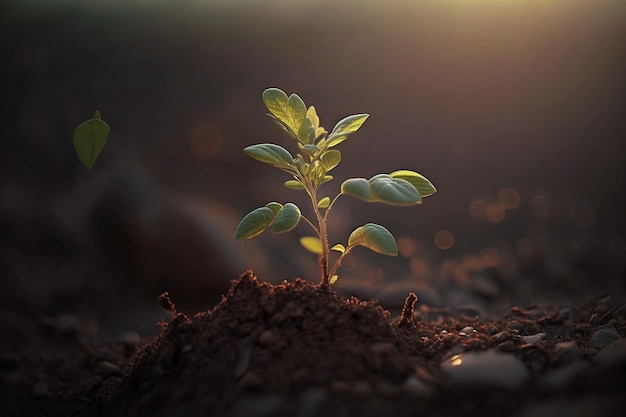 A plant growing in the soil with the sun shining on it