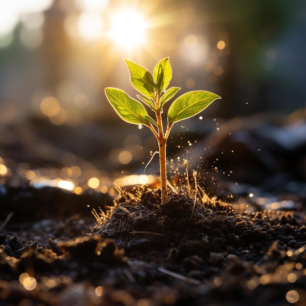 A plant growing in the soil with the sun shining on it