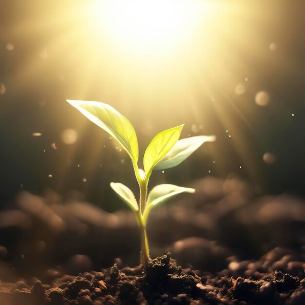 A plant growing in the soil with the sun shining on it