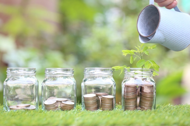 Plant growing on stack of coins money and glass bottle on natural green space