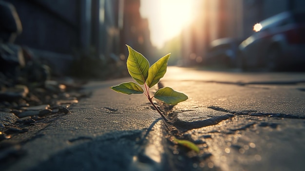 Foto una pianta che cresce attraverso una crepa in una strada cittadina