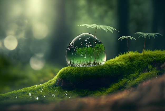 Plant growing in water drop on Grass Moss In Forest - Green Planet With Abstract Defocused