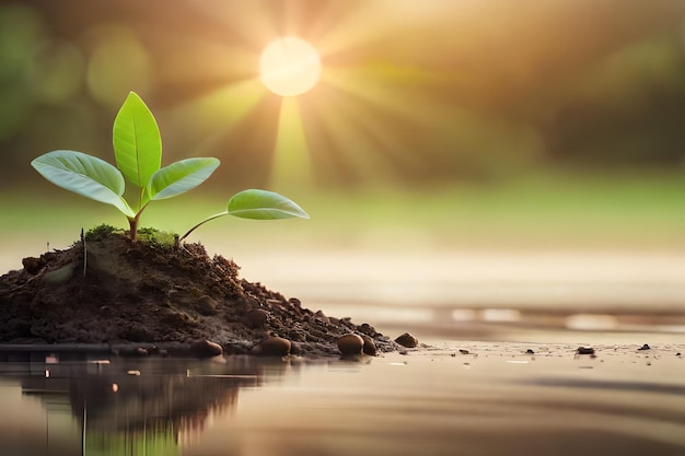 a plant growing in the water with the sun behind it