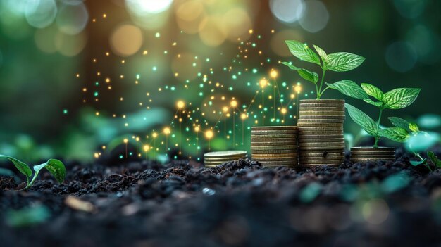 a plant grows from a pile of coins