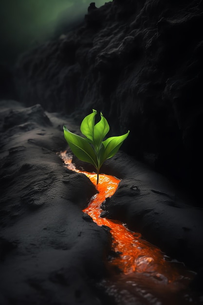 A plant grows out of a lava flow.