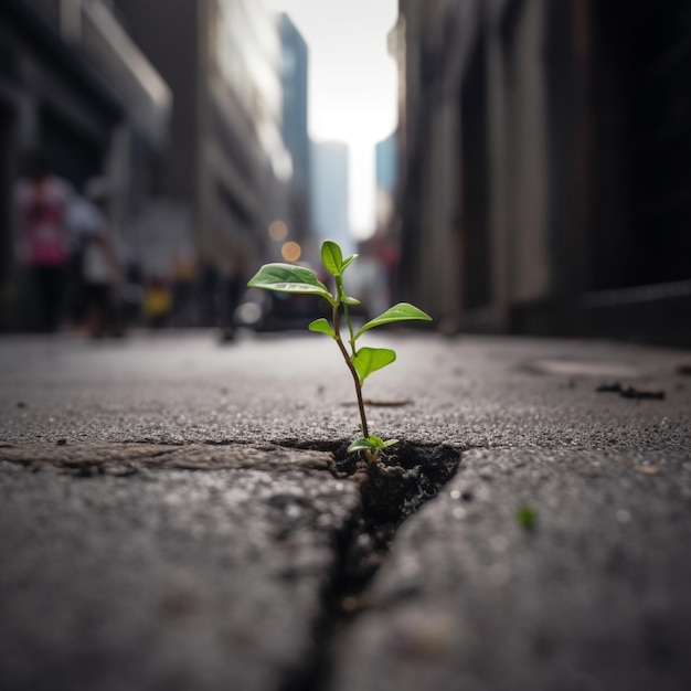 A plant grows through a crack in a street.