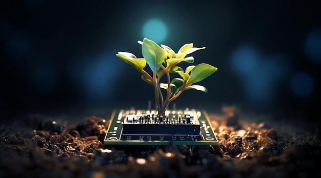 a plant grows up inside the circuit board ai generative