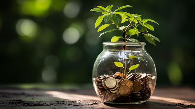 Plant growth on money coins in jar with copy space and investment saving concept