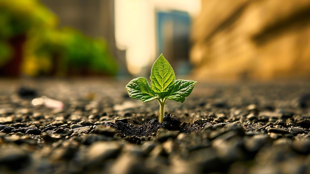 Plant Growth on Urban Ground Green Sprout Emerging from Asphalt