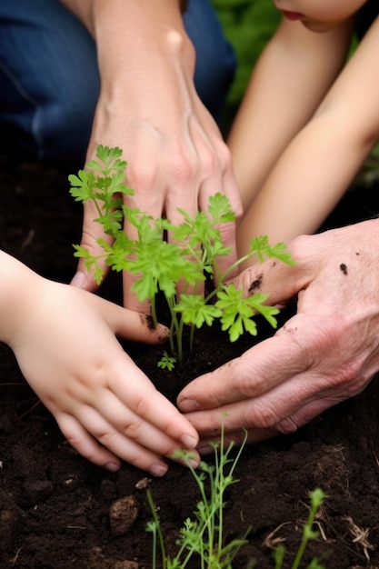 식물 손과 아이들은 함께 정원에서 식물을 재배합니다. 외부에서 생성 AI로 만들어졌습니다.