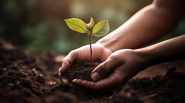 Plant in hands Ecology concept Nature background AI generated