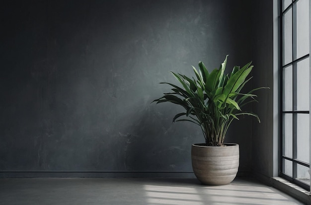 Plant in een lege kamer met een grijze muur.