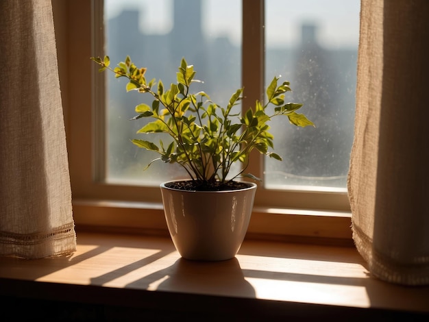 Plant in een pot op de vensterbank bij zonlicht