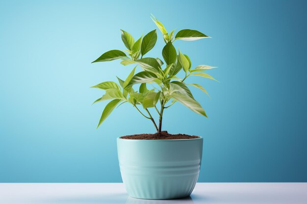 Plant in een pot op een blauwe achtergrond Het concept van milieubescherming