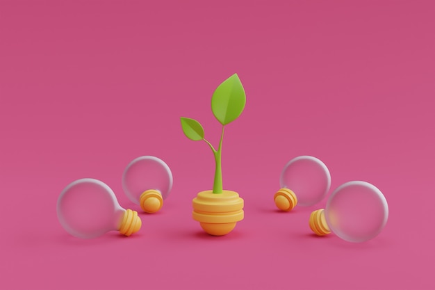 Plant inside light bulb on pink background