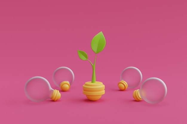 Photo plant inside light bulb on pink background