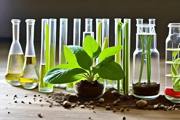 Photo a plant is in a glass beaker with a green plant in it.