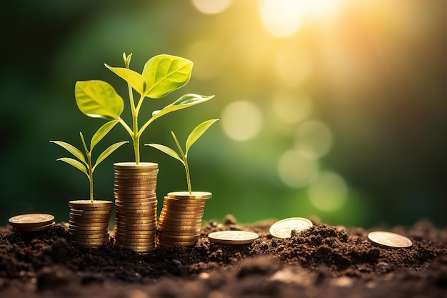 A plant is growing out of a pile of coins.