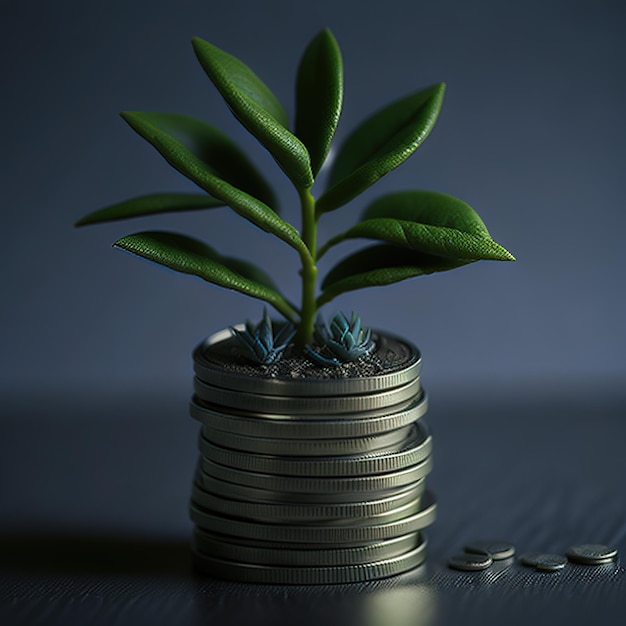 A plant is growing out of a stack of coins.