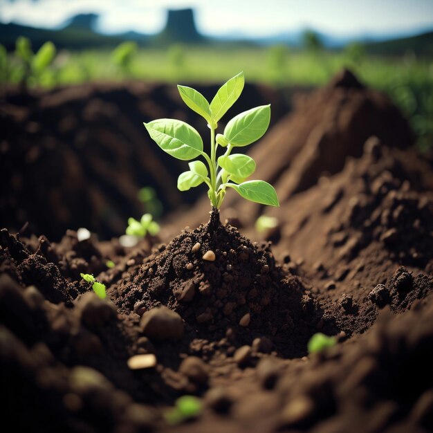 A plant is growing in the soil with the sun shining on it.