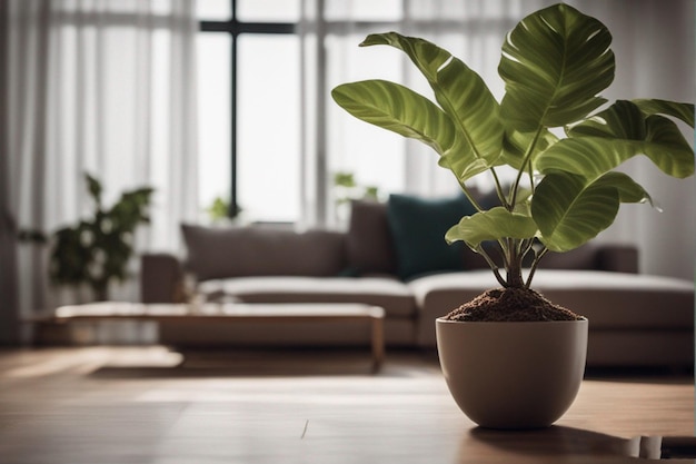 a plant is in a pot on a table in front of a couch.