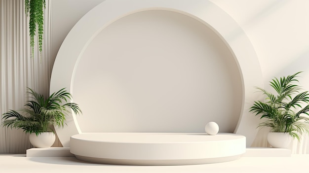 a plant is on the side of a round white chair.